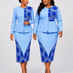 The Visionary Lucyle women's light blue peplum suit with African print pencil skirt by Five Pearlz Designs