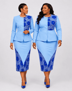 The Visionary Lucyle women's light blue peplum suit with African print pencil skirt by Five Pearlz Designs