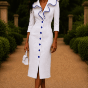 Model wearing The Heiress™ white tailored midi dress with royal blue pearl-beaded trim from the Timeless Collection by Five PearlZ Design.
