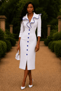 Model wearing The Heiress™ white tailored midi dress with royal blue pearl-beaded trim from the Timeless Collection by Five PearlZ Design.